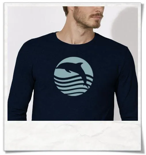 Picopoc Picopoc Sonnenuntergang mit Delfin Langarm T-Shirt für Männer, Blau, – Produktbild 3 von 4