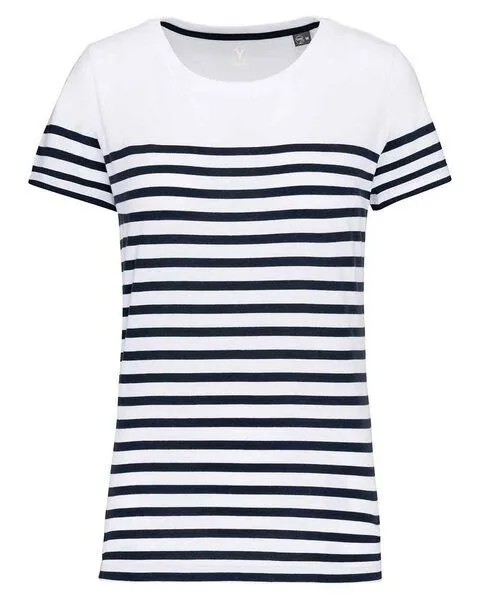 YTWOO YTWOO Nachhaltiges Damen-T-Shirt mit Rundhalsausschnitt im Marine-Stil, Weiß/navy gestreift, – Produktbild 1 von 2