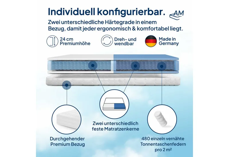 Taschenfederkernmatratze Premium 7-Zonen Federkernmatratze mit 2 Härtegraden, Optimal für Paare, AM Qualitätsmatratzen, 24 cm hoch, 140x190 cm – Produktbild 3 von 5