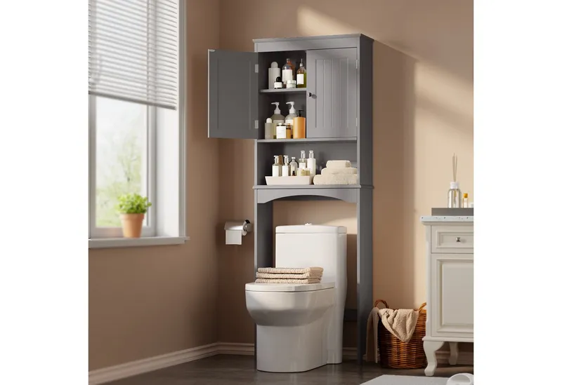 Blishom Badregal WC-Regal über Toilette, Badezimmerschrank mit Verstellbarem Regalboden, Badregal Platzsparend mit Offenem Fach, 167 x 60 x 23 cm, Grau, – Produktbild 5 von 5