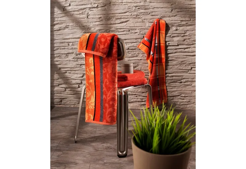 Erwin Müller Handtuch Handtuch "Ludwigsburg" 4er-Pack, Jacquard, Walk-Frottier Uni/Karo/Ornamente, Orange, – Produktbild 5 von 5