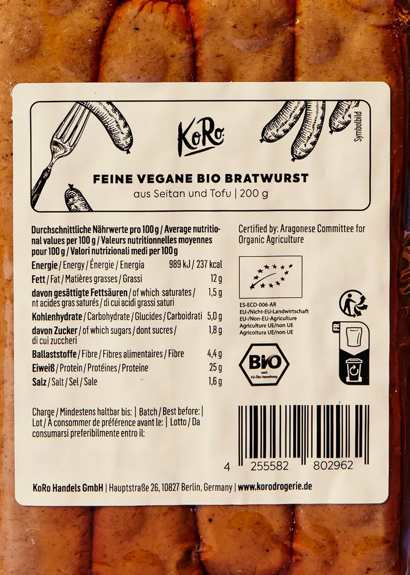 KoRo Feine vegane Bio Bratwurst 12 x 200 g – Produktbild 3 von 5