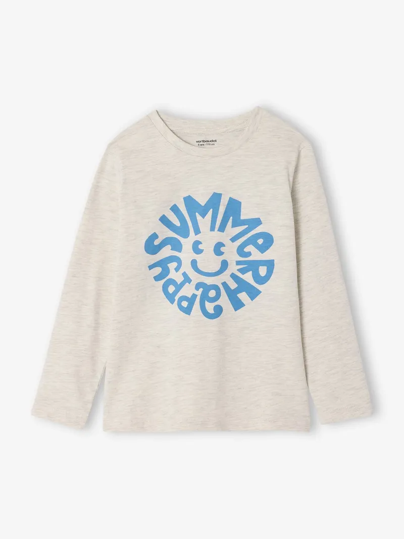 Vertbaudet Jungen Langarmshirt mit Print BASIC, Weiß meliert, – Produktbild 1 von 3