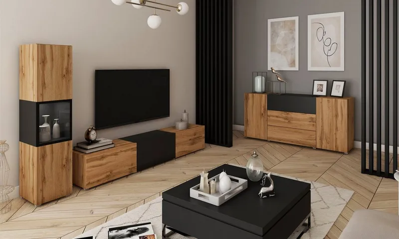 Home affaire Wohnwand BERLIN I, Vitrine Türschlag links/rechts wechselbar, (Komplett-Set, 2-St), moderne grifflose Mediawand Breite 220 cm, Vitrine mit Verglasung, Schwarz, – Produktbild 6 von 6