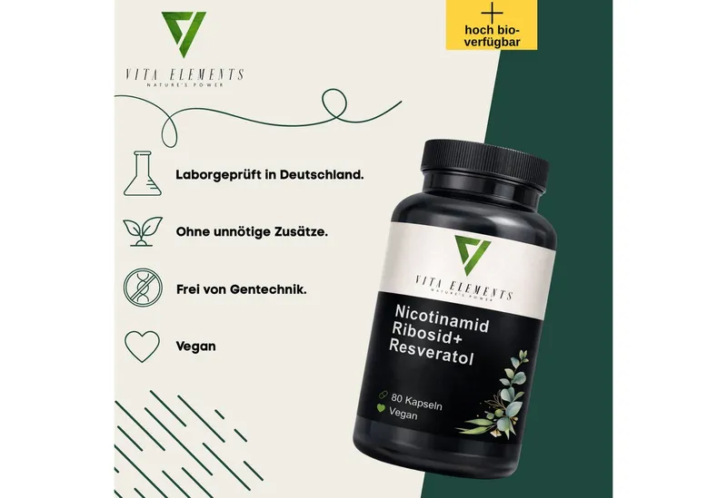 Vita Elements Nicotinamid Ribosid+ Resveratrol - 300mg NR-Chlorid, 80 Kapseln, 1 er Packung à 80 St., Vegan, Gentechnikfrei, Ohne unnötige Zusätze und Laborgeprüft – Produktbild 3 von 5