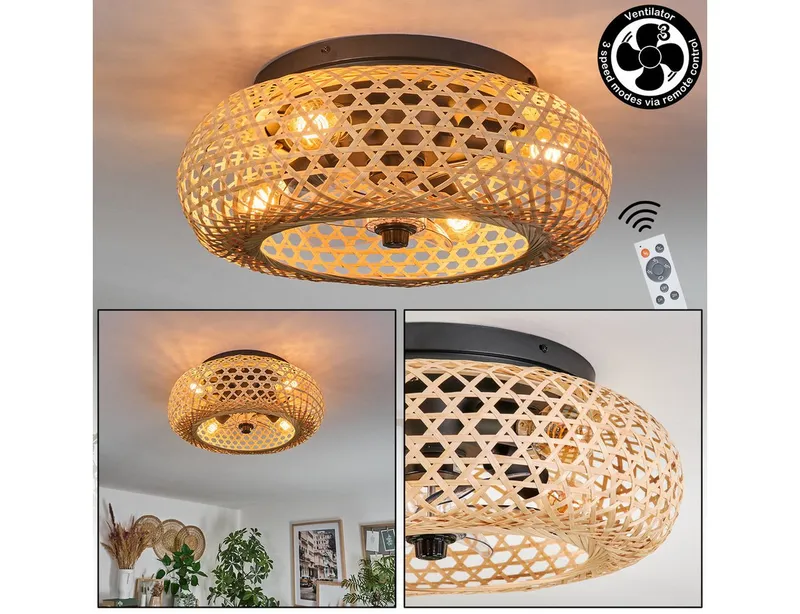 hofstein Deckenleuchte Deckenventilator mit Beleuchtung aus Metall/Bambus, Fernbedienung, ohne Leuchtmittel, Auf-/Abwind-Funktion, Lichteffekt, Ø 50cm, 4xE27, ohne Leuchtmittel, Beige|schwarz, – Produktbild 1 von 5