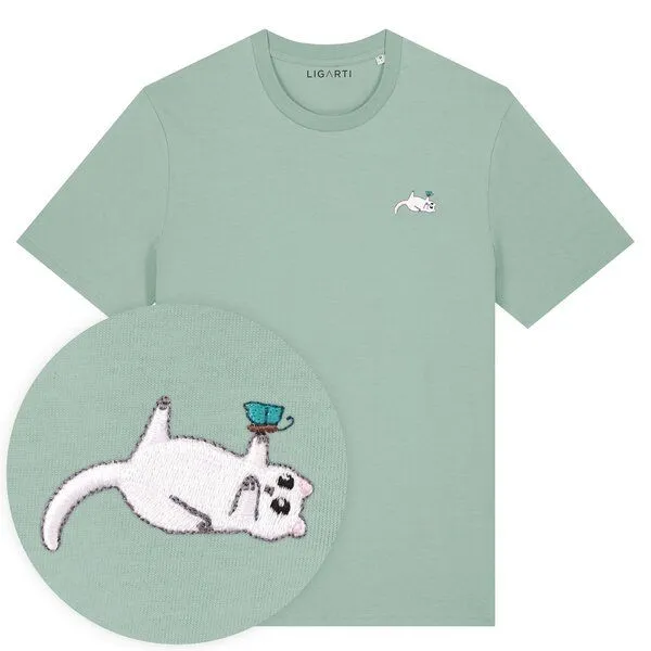 LIGARTI Besticktes T-Shirt – Samantha die Katze – LIGARTI Tiermanufaktur, Mintgrun, – Produktbild 1 von 3