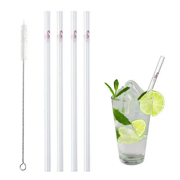 Contento Contento Glastrinkhalm 21 cm, 4 Stück, Flamingo, mit Bürste – Produktbild 1 von 4