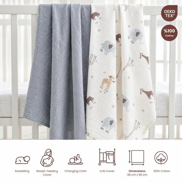 Bebekevi Bebekevi Spucktuch - Multitücher - Decke Müsselin 80 × 90 cm - 2er set - 100 % Baumwolle, Grau-forrest, – Produktbild 3 von 3