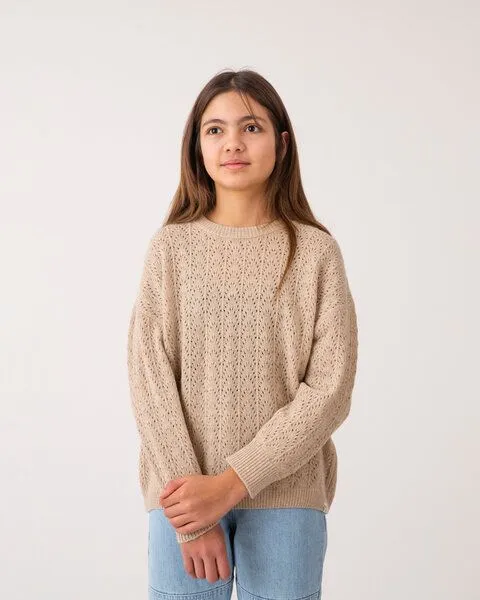 MATONA Matona Gestrickter Pullover mit Lochmuster für Kinder aus recycelter Wolle / Lace Sweater, Limestone, – Produktbild 1 von 4