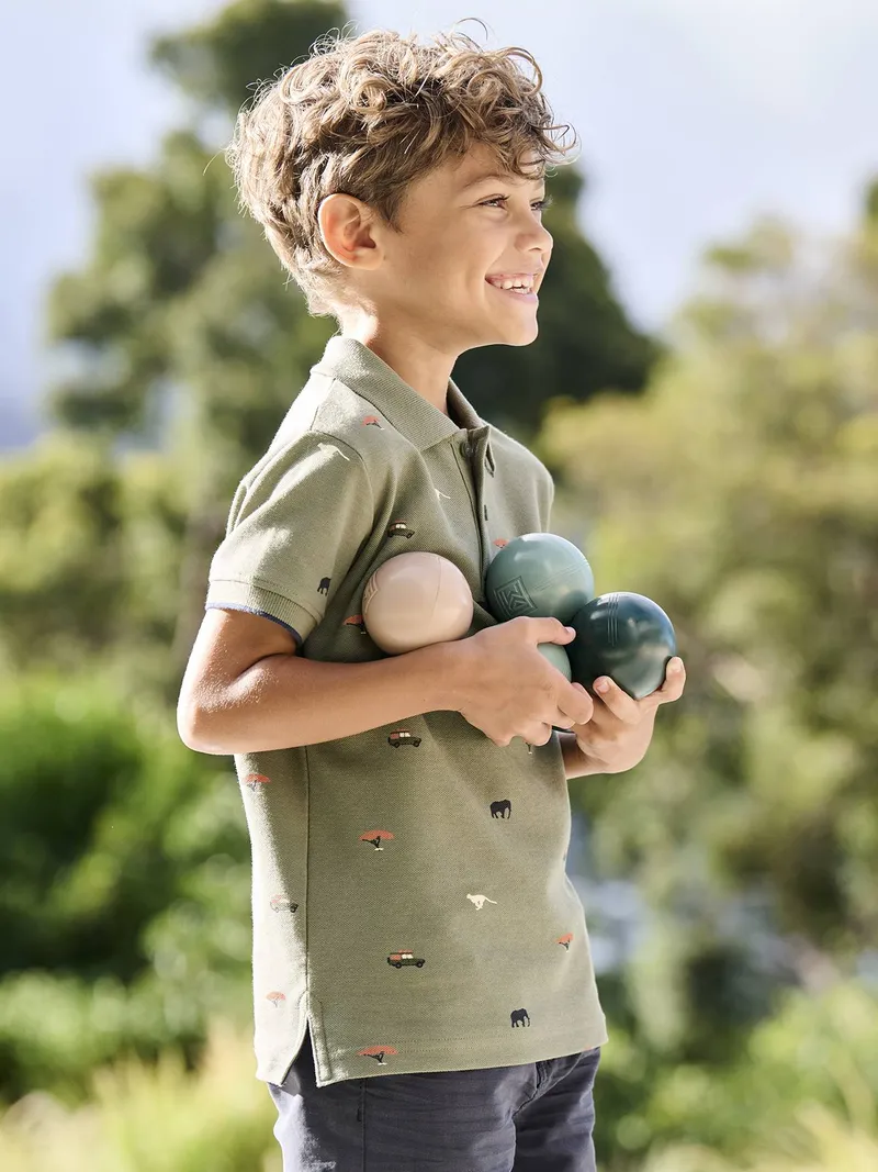 Vertbaudet Jungen Poloshirt mit Allover-Print, Khaki, – Produktbild 1 von 3