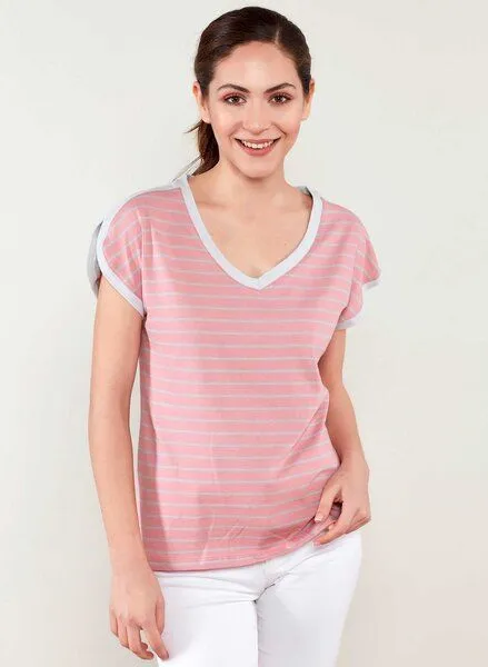 ORGANICATION ORGANICATION Gestreiftes T-Shirt mit V-Ausschnitt und längerem Rückenteil, Peachy & grey, – Produktbild 2 von 4
