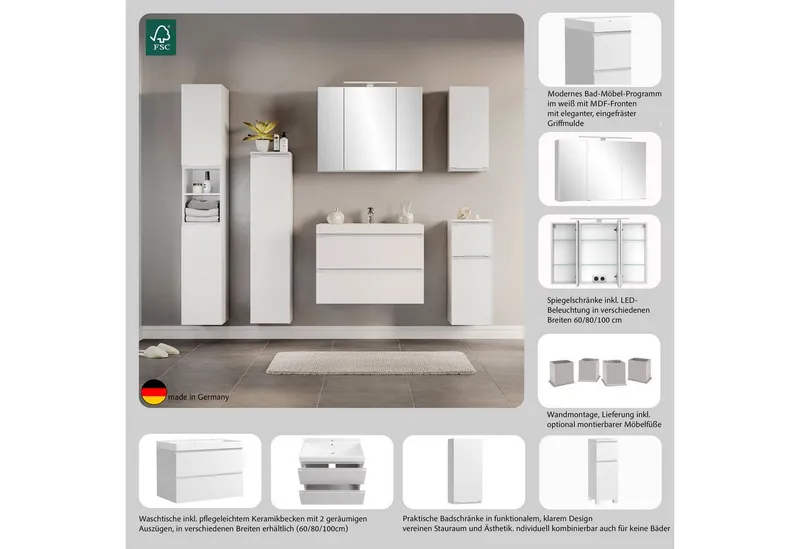 welltime Waschtisch CABO, Waschtisch, matt weiß, griffloses Design, Weiß, – Produktbild 5 von 8