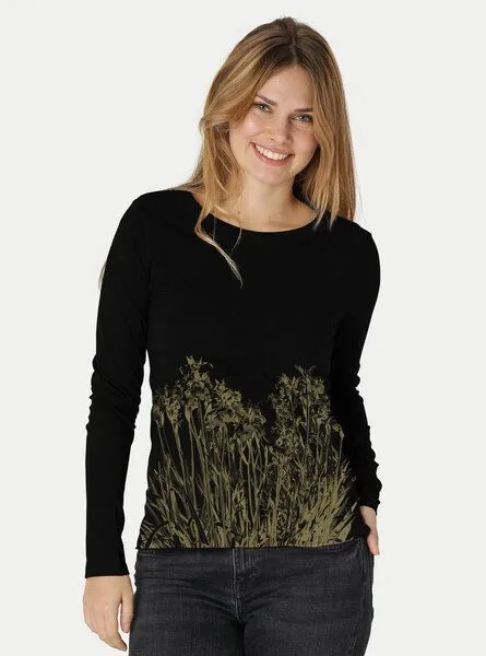 Peaces.bio - handbedruckte Biomode Peaces.bio - handbedruckte Biomode Langarmshirt Damen Mystic Iris, Schwarz, – Produktbild 2 von 2