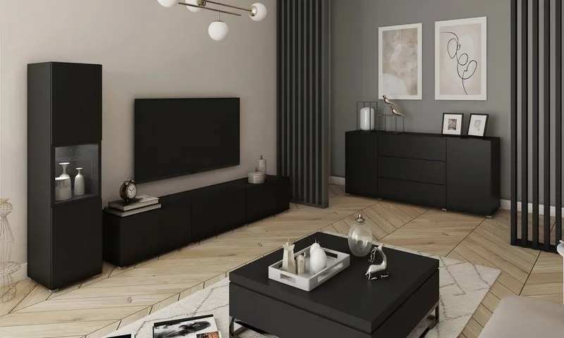 Home affaire Wohnwand BERLIN I, Vitrine Türschlag links/rechts wechselbar, (Komplett-Set, 2-St), moderne grifflose Mediawand Breite 220 cm, Vitrine mit Verglasung, Schwarz, – Produktbild 4 von 6