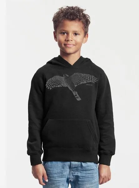 Peaces.bio - handbedruckte Biomode Peaces.bio - handbedruckte Biomode Bio-Kinder-Kapuzen-Sweatshirt "Sperber", Schwarz, – Produktbild 2 von 2