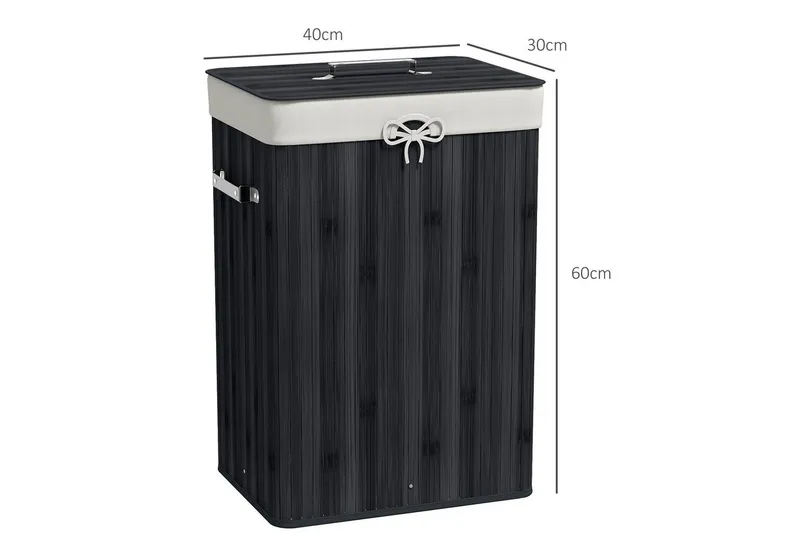 HOMCOM HOMCOM Wäschekorb schmal Wäschesammler mit Griff, für Schlafzimmer & Bad, Schwarz (Set, 1 St., Wäschekorb mit Wäschesack), 72L, Bambus, herausnehmbarer Wäschesack, Deckel, Schwarz, – Produktbild 3 von 5