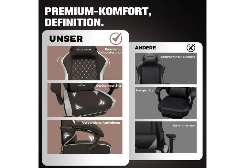 GTPLAYER Gaming-Stuhl Ergonomischer Gaming Sessel Schreibtischstuhl aus Stoff/Kunstleder (Packung), Federsitzkissen mit Fußstütze, Braun, – Produktbild 2 von 5