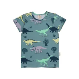 Walkiddy Walkiddy Kinder T-Shirt GOTS-zertifiziert aus Bio-Baumwolle blaugrün mit Dinosaurier-Motiv „Running Dinosaurs“ – Produktbild 1 von 1