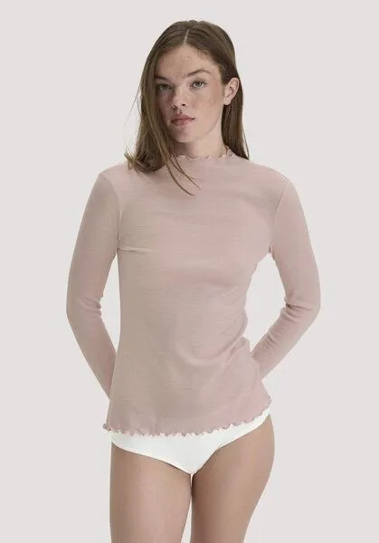 hessnatur hessnatur Mock-Neck Longsleeve Pointelle aus reiner Bio-Merinowolle, Mattrosa, – Produktbild 1 von 4