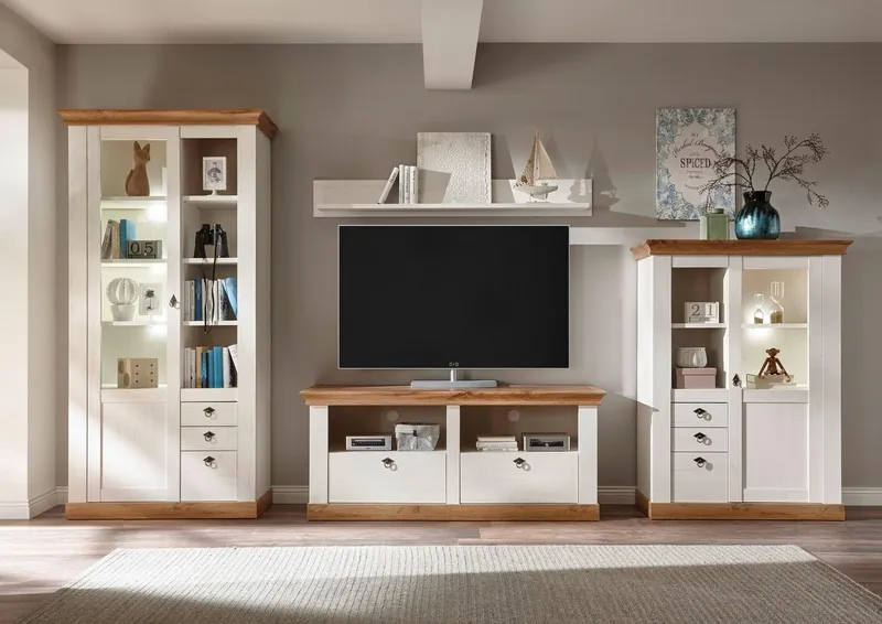 Home affaire Wohnwand Cremona, Anbauwand im Landhausstil, Komplettset, Wohnzimmer-Set, enthält Vitrinen, Lowboard und Wandboard, 376 cm breit, Weiß, – Produktbild 2 von 5
