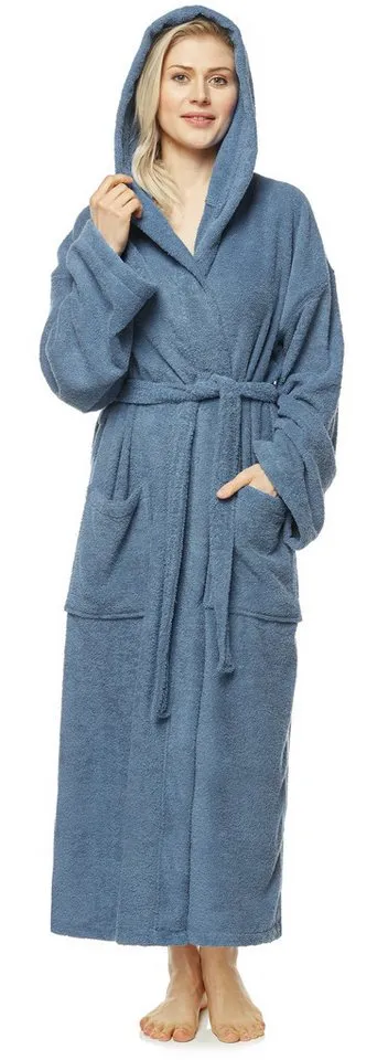 Arus Arus Damenbademantel Astra, pflegeleicht, wadenlang oder extralang für Spa & Sauna, 100% Baumwolle, Kapuze, Gürtel, mit Kapuze, wadenlang oder extra lang, 100% Baumwolle, Blau|grau, – Produktbild 2 von 5