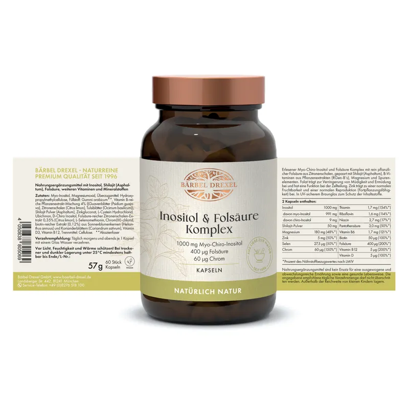 Inositol & Folsäure Komplex 1000 mg Myo-Chiro-Inositol, 400 µg Folsäure, 60 µg Chrom. Mit veganem Vitamin D3 & natürlichem B-Komplex – Produktbild 2 von 2
