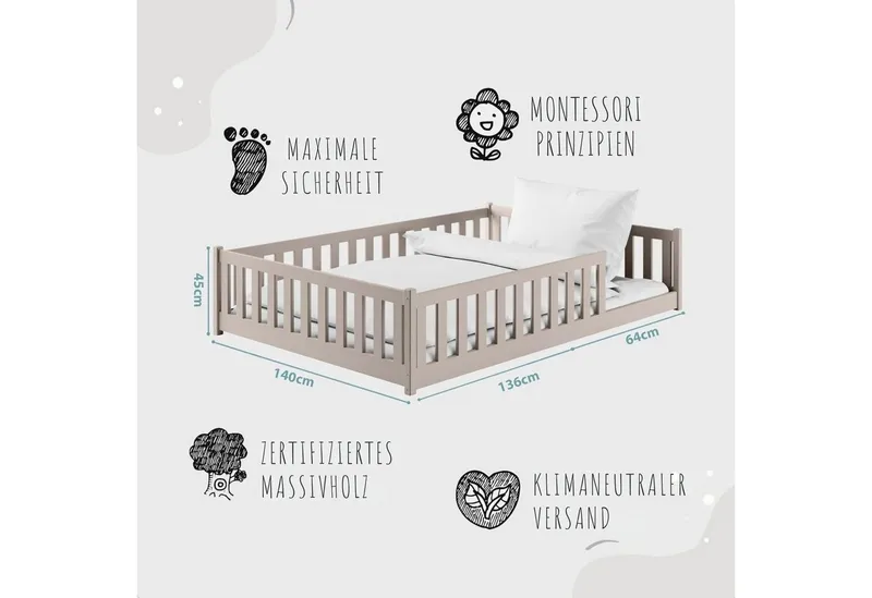 Kids Collective Kinderbett Bodenbett Bett mit Rausfallschutz & Lattenrost Montessori Bett Kinder (Jungen, Mädchen, Kinder, weitere Größen 80x160, 80x180, 90x190, 90x200, 120x200 cm), Jugendbett Gitterbett Einzelbett, Kaschmir Kiefer 140x200 cm, Grau, – Produktbild 4 von 5