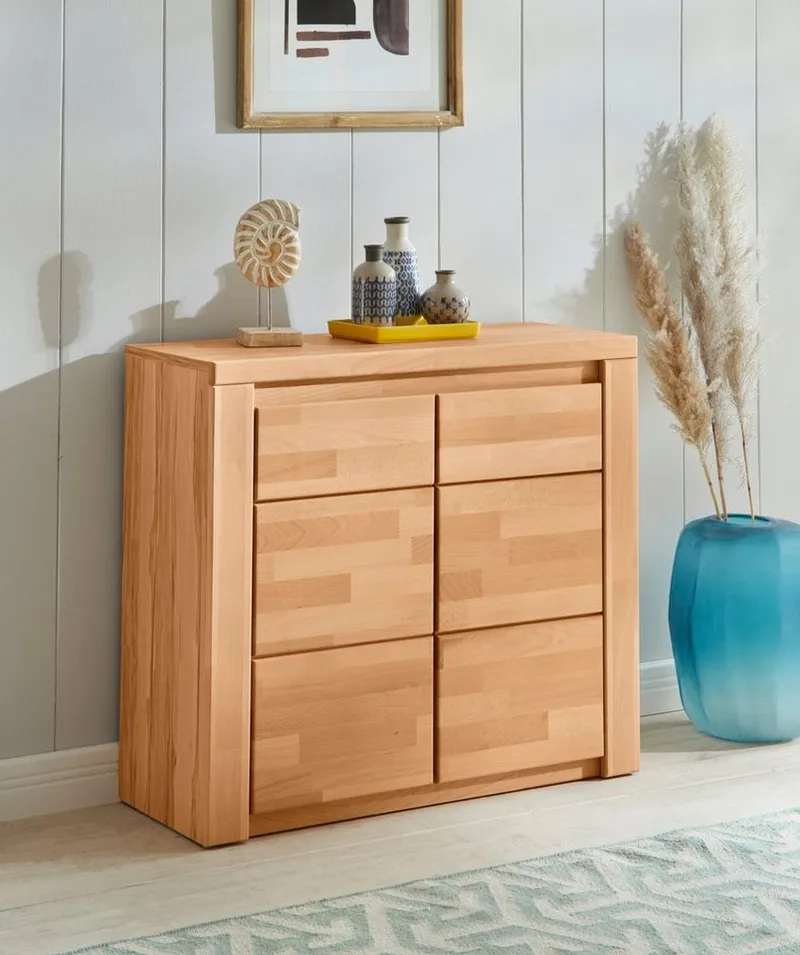 OTTO home Kommode Burano,90cm breit,35 cm tief, Fronten Massivholz, Holz massiv, Holzwerkstoff,2 Türen,2 breite Fächer, Braun, – Produktbild 2 von 8