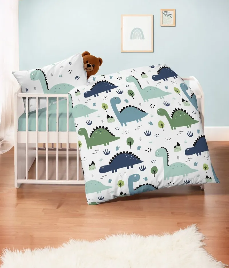 Stoffschmiede Kinderbettwäsche, 3-Teilig, Dinosaurier, Bio-Baumwolle, Weiß, – Produktbild 2 von 2