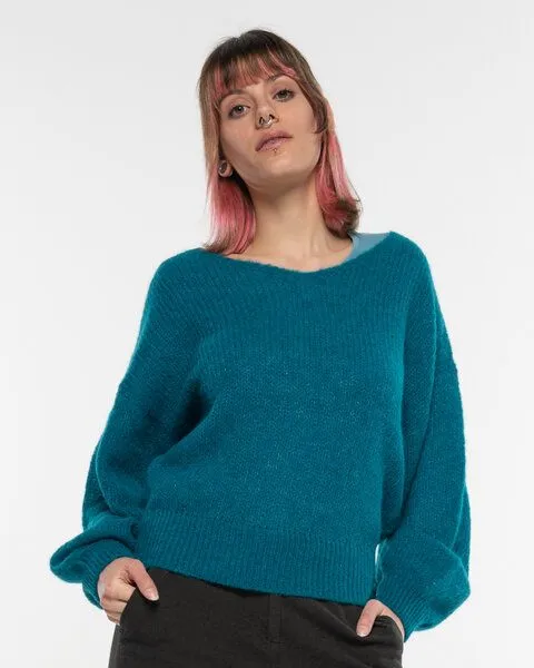 Alma & Lovis Alma & Lovis Leichter Pullover im Loose-Fit aus zartem Alpakastrick | Light V-Neck, Petrol (blau), – Produktbild 1 von 4