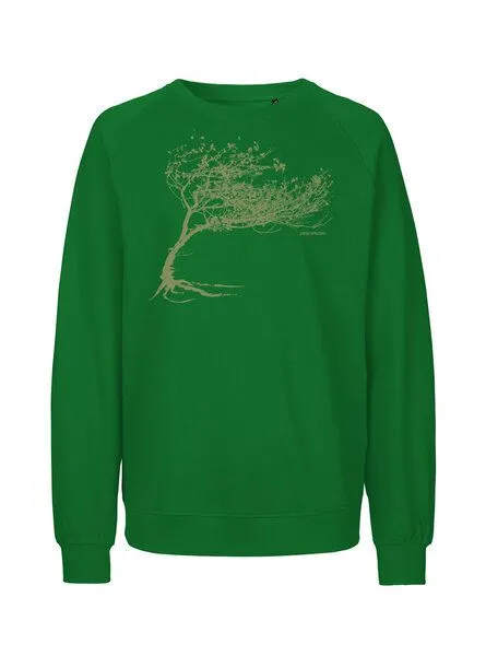 Peaces.bio - handbedruckte Biomode Peaces.bio - handbedruckte Biomode Bio Damen-Sweatshirt Loose Fit Windy Tree, Grün, – Produktbild 1 von 2
