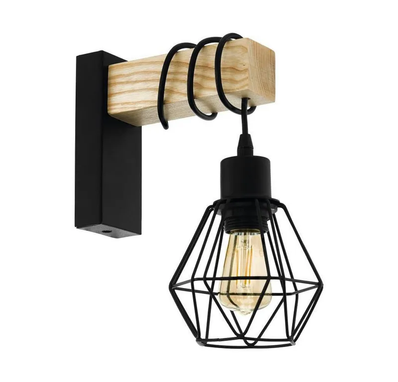 EGLO EGLO Wandleuchte TOWNSHEND 5 Wandlampe, Stahl und Holz, E27, IP20, Wohnzimmerlampe, ohne Leuchtmittel, Wand-/Deckenleuchte, Wohnzimmer, L14 x H27,5 cm, Braun|schwarz, – Produktbild 3 von 8