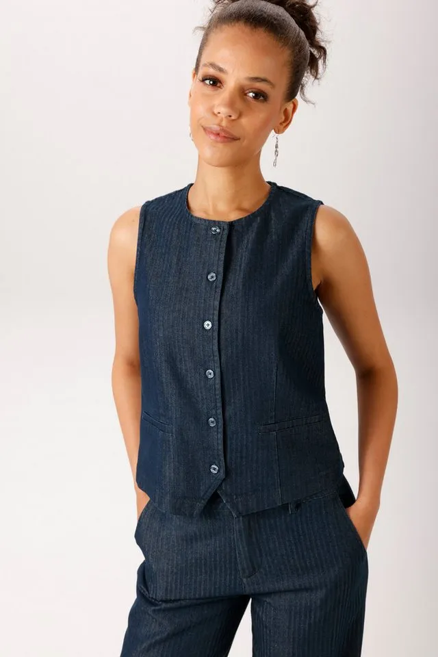 Aniston CASUAL Kurzweste aus strukturiertem, weichen Denim - NEUE KOLLEKTION, Blau, – Produktbild 2 von 5