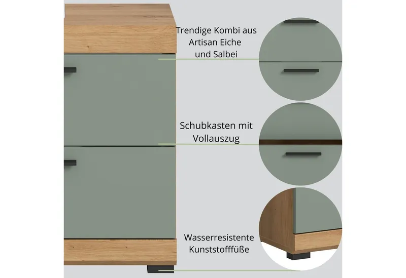 furnling Waschbeckenunterschrank Scott 2 Schubladen, Badmöbel, Badschrank, Badunterschrank, 60 cm breit, Grün, – Produktbild 4 von 5