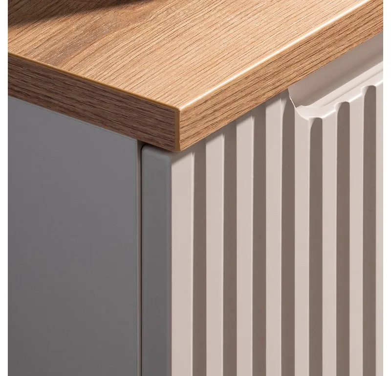 Lomadox Waschbeckenschrank NEWPORT-56-CASHMERE 80 cm breit in kaschmir & Eiche, gerillte Front, geringe Tiefe, Weiß, – Produktbild 2 von 5