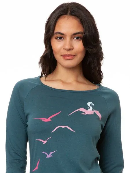 FellHerz FellHerz Damen Raglan Longsleeve Möwenflug atlantic teal Bio Fair Vegan – Produktbild 2 von 4