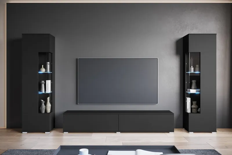 OTTO home Wohnwand Kenia, Vitrine Türanschlag links/rechts wechselbar, (3-St), Vitrinen mit Eckverglasung, hängend und stehend montierbar, Schwarz, – Produktbild 7 von 7