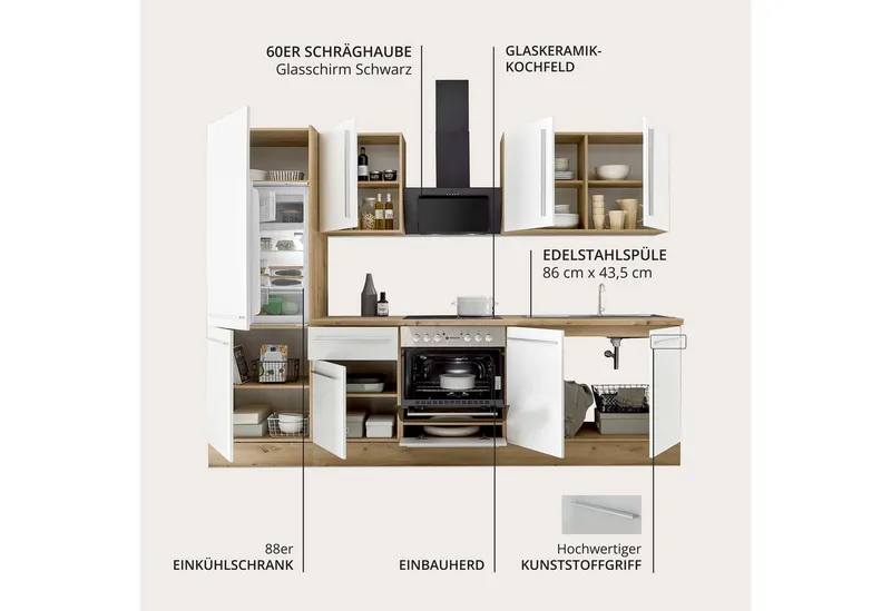 KOCHSTATION Küchenzeile KS-Florida mit 38mm starker Arbeitsplatte, Breite 270 cm, wahlweise mit E-Geräten, Soft-Close-Funktion, Weiß, – Produktbild 4 von 5