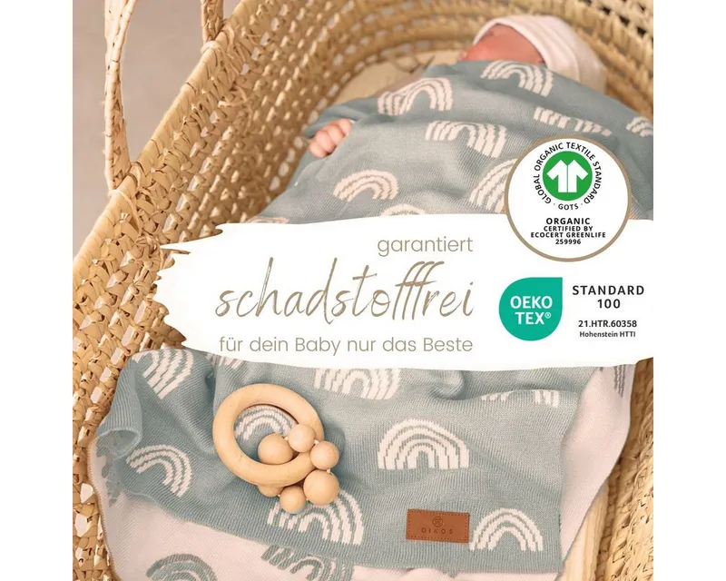 Babydecke DIKOS® aus Bio-Baumwolle - Regenbögen - Baby Decke für Neugeborene, DIKOS, Geschenk zur Geburt - Strickdecke PREMIUM Qualität - atmungsaktiv, Mint, – Produktbild 3 von 5