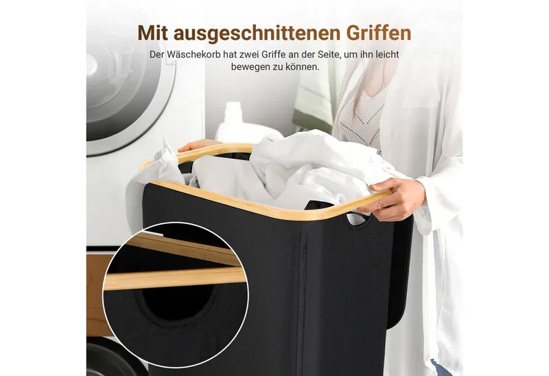 Clanmacy Wäschekorb Wäschekorb mit Deckel, herausnehmbarer Wäschesack, Wäschesortiererl, Schwarz, – Produktbild 5 von 5
