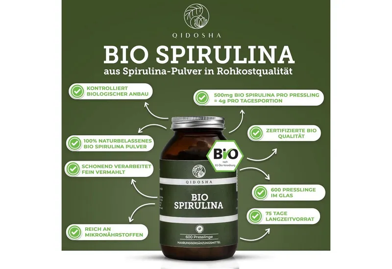 QIDOSHA Bio Spirulina Presslinge 500 mg Presslinge, 300 g, 100 % Bio Spirulina aus kontrolliert biologischer Aquakultur – Produktbild 1 von 5