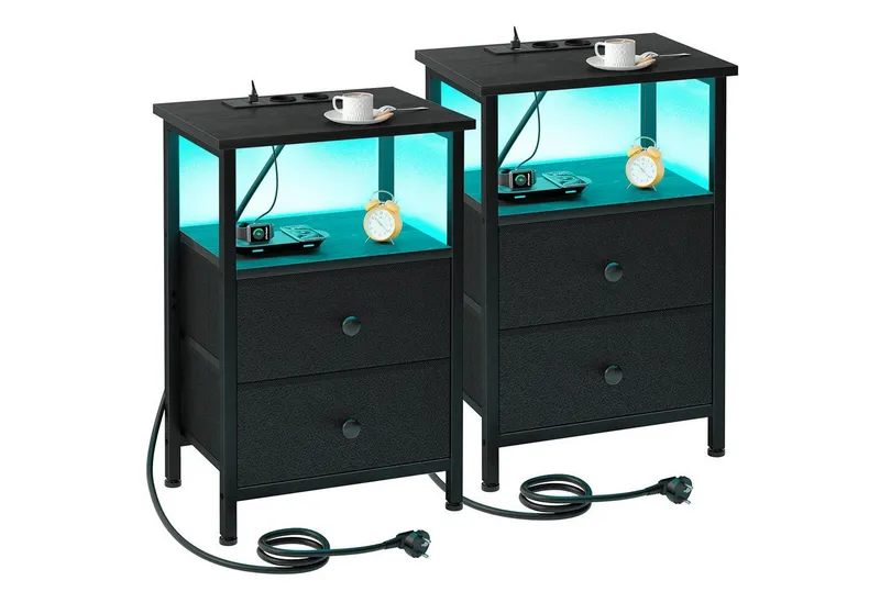 AMHANCIBLE Nachttisch 2er-Set mit integrierter Ladestation, LED-Beleuchtung & 2 Schubladen (2-St), multifunktionaler Beistelltisch mit offenem Fach, 40x30x60cm, Schwarz, – Produktbild 1 von 4