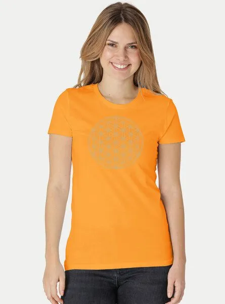 Peaces.bio - handbedruckte Biomode Peaces.bio - handbedruckte Biomode Bio-Damen-T-Shirt Die Blume des Lebens, Hellorange, – Produktbild 2 von 3