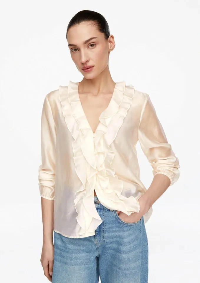 comma comma Langarmbluse Bluse Lyocell-Bluse mit Volants, Beige, – Produktbild 1 von 5