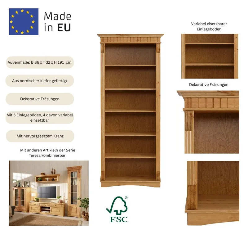 OTTO home Regal Teresa, Standregal, Bücherregal, aus massiver Kiefer, Breite 86 cm, Höhe 193 cm, FSC®, Beige, – Produktbild 1 von 5