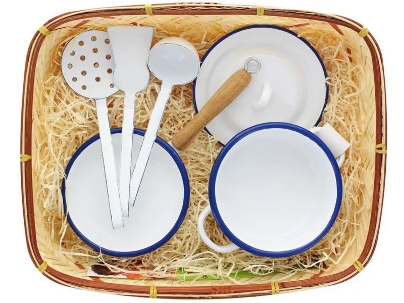 Glückskäfer Glückskäfer Emaille Koch-Set für Spielküche 5-teilige Küchenutensilien, Weiß, natur, blau, – Produktbild 1 von 2