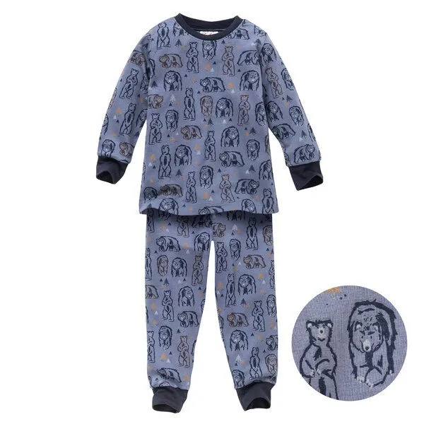 People Wear Organic People Wear Organic Pyjama "Grizzlybär", Langarm-Schlafanzug, blau/bedruckt, 100% Baumwolle (Bio) – Produktbild 1 von 4