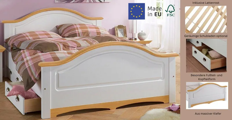 OTTO home Massivholzbett Konrad, hohe Belastbarkeit! FSC® zertifiziertes Massivholz (Breite/Belastbarkeit 180cm/220 KG, 140cm/180 KG), aus massivem Kiefernholz, FSC®-zertifiziert, INKLUSIVE Rollrost, Weiß, – Produktbild 7 von 8
