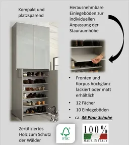 Home affaire Schuhschrank MISTER- Schuhregal, Made in Italy, 12 Fächer, 10 Einlegeböden (80x34x200 cm) Hochglanz lackiert, 4 Türen & mit Platz für ca. 36 paar Schuhe – Produktbild 1 von 1